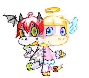 anthro blonde_hair clothing conjoined dress eyelashes feathered_wings feathers female hair halo head_wings hooves membrane_(anatomy) membranous_wings red_hair sharp_teeth smile solo standing teeth unusual_wing_placement wings alunka angel bovid bovine cattle demon hybrid mammal low_res