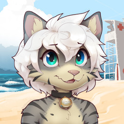 ambiguous_gender anthro beach bell bell_collar bodyboard cheek_tuft chest_tuft cloud collar cyan_glow facial_tuft fur gold_bell grey_body grey_fur hair lifeguard lifeguard_chair lifeguard_tower multicolored_body multicolored_eyes multicolored_fur open_mouth pink_nose runes sand sky smile solo striped_body striped_fur stripes surfboard teeth tongue tuft water white_hair young young_anthro xennos ashielf domestic_cat felid feline felis mammal tabby_cat 1:1 bust_portrait portrait