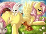 2014 ambiguous_gender angel_(mlp) anus blush brown_body brown_fur butt dimwitdog easter equid equine feathered_wings feathers female feral fluttershy_(mlp) friendship_is_magic fur genitals grass group hair hasbro hi_res holidays lagomorph leporid long_hair looking_at_viewer lying mammal my_little_pony mythological_creature mythological_equine mythology on_front outside pegasus pink_body pink_fur plant pussy rabbit white_body white_fur wings yellow_body yellow_feathers yellow_fur