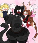 anthro big_breasts black_body black_hair blonde_hair blue_eyes breasts brown_hair clothing dress female group hair huge_breasts male red_eyes text thick_thighs trio white_body yellow_body lewdchuu_(artist) final_fantasy final_fantasy_vii square_enix aerith_gainsborough cloud_strife tifa_lockhart domestic_cat felid feline felis lagomorph leporid mammal rabbit english_text hi_res