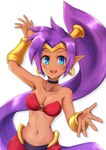 5_fingers bandeau blue_eyes breasts brown_body brown_skin clothing crown ear_piercing ear_ring female fingers hair headgear humanoid_pointy_ears long_hair navel not_furry open_mouth open_smile piercing pointy_ears ponytail purple_hair ring_piercing simple_background smile solo tiara topwear white_background wata-ridley shantae_(series) wayforward shantae genie humanoid 2019 hi_res