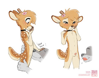 accessory adult_on_child adult_on_young age_difference ambiguous_gender anthro anthro_on_anthro antlers balls biped blush bodily_fluids brown_body brown_eyes brown_fur choker choker_only countershade_face countershade_fur countershade_neck countershade_tail countershade_torso countershading covering covering_mouth dipstick_ears disembodied_mouth duo ear_markings erection eyebrows femboy flower flower_in_hair fur genitals glans hair hair_accessory horn humanoid_genitalia humanoid_penis interspecies jewelry licking licking_lips licking_own_lips looking_down looking_pleasured male male/ambiguous male/male markings micropenis multicolored_ears necklace necklace_only nude older_ambiguous older_male penis plant raised_inner_eyebrows saliva saliva_on_penis saliva_string scut_tail short_tail shota side_view simple_background small_balls small_penis sniffing solo_focus spots spotted_body tail tan_body tongue tongue_out white_background white_body young young_anthro young_focus young_male younger_focus younger_male zaush koiyaroid_(character) canid canine deer mammal 2025 digital_drawing_(artwork) digital_media_(artwork) hi_res