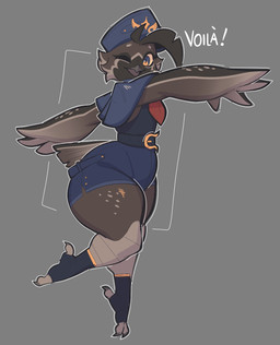 ambiguous_anthro ambiguous_gender anthro beak belt blue_clothing blue_hat blue_headwear blue_topwear brown_body brown_tail brown_tail_feathers circle_eyebrows claws clothed clothed_ambiguous clothed_anthro clothed_male clothing eyebrows eyelashes feather_hair feather_hands feathers femboy front_view grey_background hat headgear headwear huge_thighs male male_anthro markings multicolored_body multicolored_feathers necktie one_eye_closed open_beak open_mouth open_smile pseudo_hair red_necktie simple_background small_waist smile solo tail tail_feathers text thick_thighs three-quarter_view toe_claws topwear wink conditional_dnp welwraith eliot_(welwraith) avian bird 2026 digital_drawing_(artwork) digital_media_(artwork) full-length_portrait hi_res portrait