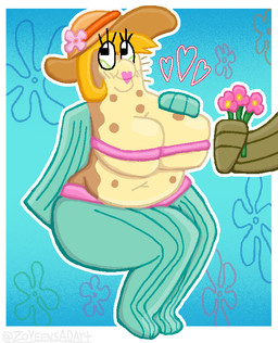 anthro belly big_breasts big_butt bikini blonde_hair blue_background blush blush_lines breasts butt clothing eyelashes female fin flower flower_cloud_(spongebob) freckled_belly freckled_breasts freckled_chest freckles giving_flower hair hand_on_breast happy hat headgear headwear heart_symbol huge_breasts leg_fins lipstick looking_away makeup non-mammal_breasts overweight overweight_anthro overweight_female pink_bikini pink_clothing pink_swimwear pink_thong pink_underwear plant simple_background sitting slightly_chubby smile solo swimwear tan_body tan_hat tan_headwear thick_thighs thong two-piece_swimsuit underwater underwear water wide_hips zoyeensadart nickelodeon spongebob_squarepants mrs._puff fish marine pufferfish tetraodontiform