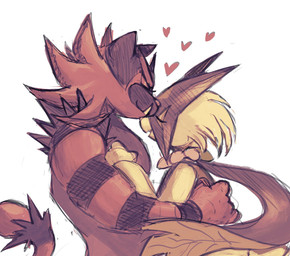 ambiguous/ambiguous ambiguous_gender anthro duo eyes_closed fangs fur green_body green_fur green_hair hair heart_symbol hug love open_mouth red_body red_fur simple_background tail teeth dietranch nintendo pokemon felid feline generation_7_pokemon generation_9_pokemon incineroar mammal meowscarada pokemon_(species) 2026 hi_res