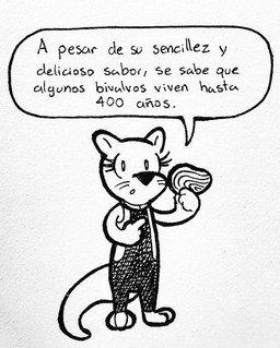 3_toes 4_fingers clothed clothing dialogue diving_suit eyelashes feet female fingers food gesture hand_gesture holding_food holding_object looking_at_viewer open_mouth pointing shell simple_background solo speech_bubble standing text toes white_background mr_harinezumi ivette mammal mustelid otter monochrome spanish_text translated
