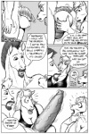 anthro ball_fondling balls big_breasts breasts cleavage clothed clothing comic dialogue english_text equid equine erection female flaccid fondling greyscale group horse huge_breasts karno male mammal monochrome penis text