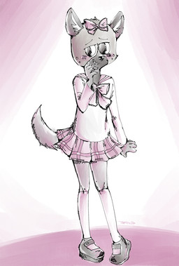 abstract_background anthro black_nose blush bottomwear bow_tie cheek_tuft clothed clothing crossdressing facial_tuft femboy fingers fluffy fluffy_tail footwear fur inner_ear_fluff kemono legwear male markings school_uniform shoes skirt solo spots spotted_body spotted_face spotted_fur standing stockings tail tail_tuft text topwear tuft underbite uniform tapirclip aggretsuko sanrio haida_(aggretsuko) otmgirls hyena mammal spotted_hyena 2020 digital_media_(artwork) english_text hi_res signature
