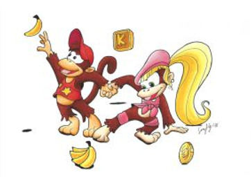 3_toes 4_fingers anthro banana barefoot baseball_cap beret blonde_hair bottomless brown_body brown_fur clothed clothing coin duo ear_piercing feet female fingers food fruit fur hair hand_holding hat headgear headwear long_hair looking_up male piercing plant ponytail raised_tail reaching shirt simple_background smile standing tail tank_top toes tongue topwear white_background y2k_(fashion) acornart donkey_kong_(series) nintendo diddy_kong dixie_kong haplorhine mammal monkey primate low_res