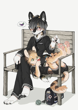 4_toes 5_fingers anthro asian_clothing ball_of_yarn bangs barefoot bench black_body black_bottomwear black_claws black_clothing black_ears black_fur black_hair black_nose black_pants black_pawpads black_shirt black_topwear blush blush_lines bottomwear brown_body brown_ears brown_fur brown_markings brown_stripes claws clothed clothed_anthro clothed_male clothing countershade_arms countershade_face countershade_feet countershade_fur countershade_legs countershade_neck countershade_tail countershade_torso countershading crossed_legs curling_tail duo east_asian_clothing eggplant_emoji eyebrow_through_hair eyebrows feet finger_claws fingers fully_clothed fully_clothed_anthro fully_clothed_male fur fur_markings gakuran gaming gloves_(marking) gradient_hair green_eyes grey_hair grey_inner_ear hair head_on_lap hindpaw holding_object humanoid_hands inner_ear_fluff iris japanese_clothing japanese_school_uniform looking_at_another looking_at_console looking_at_object lying lying_on_bench male male_anthro markings midriff mouth_closed multicolored_body multicolored_fur multicolored_hair narrowed_eyebrows on_back on_bench on_lap pants pawpads paws pink_nose pink_pawpads plantigrade plantigrade_pawpads pupils red_eyes sailor_uniform school_uniform shirt short_hair simple_background sitting sitting_on_bench spread_toes striped_markings striped_tail stripes tail tail_markings tan_body tan_fur text thought_bubble toe_claws toes topwear translucent translucent_hair tuft uniform white_background white_body white_countershading white_eyebrows white_fur white_inner_ear white_inner_ear_fluff white_markings white_sclera white_tuft yarn yellow_body yellow_fur young young_anthro young_male makioraku nintendo nintendo_switch canid canine canis domestic_dog felid feline lynx mammal absurd_res hi_res