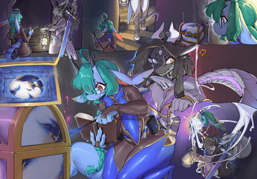 2_horns 5_fingers abstract_background accessory adventure ahoge anthro armor armwear bag bangs belt big_breasts black_body black_ears black_hair black_scales blue_belt blue_body blue_boots blue_claws blue_clothing blue_footwear blue_fur blue_gem blue_legwear blue_magic blue_tail blue_thigh_boots blue_thigh_highs bodily_fluids body_stocking book boots bracers braided_hair braided_ponytail breast_armor breast_curtains breasts brick brick_wall bridal_gauntlets casting_spell cautious claws clothed clothed_anthro clothed_female clothing collarbone countershade_face countershading cursed_object curvy_figure detailed_background digitigrade digitigrade_footwear dipstick_ears dungeon duo ear_markings ears_back ears_down ellipsis exploring eyewear female female_anthro finger_claws fingers focused footwear form_fitting fur furgonomic_footwear furgonomics gem glasses glistening glistening_clothing glistening_horn grey_body grey_countershading hair hair_over_eye head_horn hip_spikes holding_book holding_lamp holding_map holding_melee_weapon holding_object holding_sword holding_wand holding_weapon horn inside kneeling knight leg_armor legwear long_bangs long_ears long_tail looking_at_object magic_cum magic_object magic_user markings melee_weapon middle_ring multicolored_body multicolored_ears multicolored_egg multicolored_scales nervous nervous_sweat non-mammal_breasts open_mouth pince-nez pink_body pink_inner_ear pink_scales pivoted_ears pointy_ears ponytail prick_ears purple_magic question_mark red_eyes red_makeup round_glasses scales scared shadow sharp_horn shoes shoulder_armor side_bangs slim_anthro slim_female snout spellbook spellcasting stairwell surprised sweat sword sword_on_back tail tail_accessory tail_bag tapering_tail teal_hair thick_thighs thigh_boots thigh_highs trap_(contrivance) treasure_chest unconvincing_armor vial walking wall_(structure) wand warrior wary weapon wearing_glasses white_body white_breasts white_claws white_horn white_inner_ear white_scales wide_eyed wide_hipped_anthro wide_hipped_female yellow_eyes lc79510455 european_mythology mythology kay_rox shanher_(character) dragon eastern_dragon mythological_creature mythological_scalie scalie western_dragon 2026 chinese_description description_request english_description hi_res sequence shaded story story_in_description