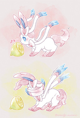 abstract_background ambiguous_gender blue_eyes blush blush_lines bow_(anatomy) covering covering_face feral food fruit fur lemon licking pink_body pink_fur plant ribbons_(anatomy) solo text tongue tongue_out white_body remedy0308 nintendo pokemon thour_(meme) eeveelution generation_6_pokemon pokemon_(species) sylveon 2024 hi_res japanese_text meme signature