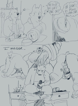 anthro balls belly blush bodily_fluids bottomwear bottomwear_down clothed clothing cum cum_on_hand duo erection genital_fluids genitals heart_symbol humanoid_genitalia humanoid_penis male male_anthro nipples nude nude_anthro nude_male overweight overweight_anthro overweight_male pants pants_around_ankles pants_down partially_clothed partially_clothed_anthro partially_clothed_male penetrable_sex_toy penis sex_toy sitting speech_bubble text used_cocksleeve whistling cosmic_dog bear canid canine canis domestic_dog mammal 2025 english_text hi_res monochrome