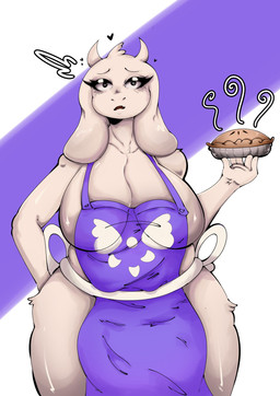 anthro apron apron_only big_breasts black_eyes breasts cleavage clothed clothing eyelashes female floppy_ears food front_view fur heart_symbol holding_food holding_object holding_pie horn huge_breasts looking_at_viewer lop_ears pastry pie purple_apron purple_background purple_clothing simple_background solo thick_thighs white_background white_body white_fur white_horn wide_hips bagxh undertale_(series) toriel boss_monster_(undertale) bovid caprine goat mammal hi_res
