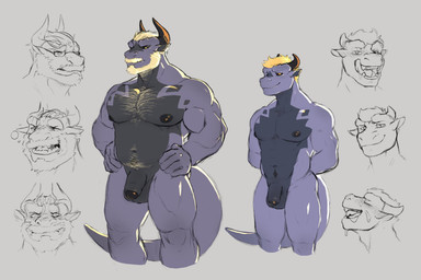 adolescent anthro balls beard black_glans black_horn black_sclera blonde_beard blonde_facial_hair blonde_hair bodily_fluids cum cum_on_face duo facial_hair flaccid genital_fluids genitals glans grey_balls grey_body grey_penis hair hands_behind_back hands_on_hips horn humanoid_genitalia humanoid_penis male male_anthro mouth_closed musclegut muscular muscular_anthro muscular_male narrowed_eyes nude pecs penis purple_body short_hair standing yellow_eyes young young_anthro young_male johnthelewd_art mythology dragon mythological_creature mythological_scalie scalie 3:2 hi_res model_sheet