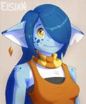 anthro blue_body blue_fur blue_hair breasts claws clothed clothing ear_piercing female freckles fur hair hair_over_eye long_hair looking_at_viewer non-mammal_breasts one_eye_obstructed piercing simple_background smile solo yellow_eyes elsian mythology aljina dragon furred_dragon furred_scalie mythological_creature mythological_scalie scalie watermark