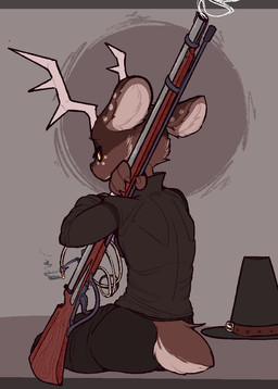 aged_up anthro antlers brown_body clothed clothing gun horn male matchlock matchlock_musket multicolored_body musket orange_eyes puritan ranged_weapon solo two_tone_body weapon trufzn erlik_(tfzn) deer mammal