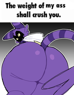 ambiguous_gender anthro big_butt butt butt_focus caption cheek_tuft clothing empty_eyes eye_scar facial_scar facial_tuft forked_tail gradient_background huge_butt looking_at_viewer looking_down looking_down_at_viewer low-angle_view mouthless outline profanity purple_body scar shadow_face simple_background solo tail text thick_thighs tuft unusual_anatomy unusual_tail white_clothing white_outline wide_hips worm's-eye_view yellow_eyes crispyattucks musha_(crispyattucks) alien felid feline mammal 2025 clip_studio_paint_(artwork) digital_media_(artwork) english_text flat_colors female_(lore)