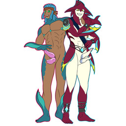 2_penises accessory animal_genitalia animal_penis anthro barefoot blue_body blue_hair blue_scales dreadlocks duo feet fin genitals green_eyes hair headband hemipenes jewelry male male/male mostly_nude multi_genitalia multi_penis penis red_body red_scales scales split_form yellow_eyes deepfriedlasereyes breath_of_the_wild nintendo the_legend_of_zelda khatru_(whaddon) prince_sidon aquatic humanoid zora 1:1