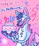 anthro arm_tuft birthday birthday_cake blue_body blue_fur blue_hair cake cheek_tuft chest_tuft confetti confetti_streamer dessert elbow_tuft facial_tuft food fur hair male open_mouth open_smile pink_background purple_body purple_fur shoulder_tuft simple_background smile solo tail tail_motion tailwag text tuft wide_eyed luckfoxo33 tolng canid canine fox mammal english_text hi_res meme andromorph_(lore) trans_(lore) trans_man_(lore)