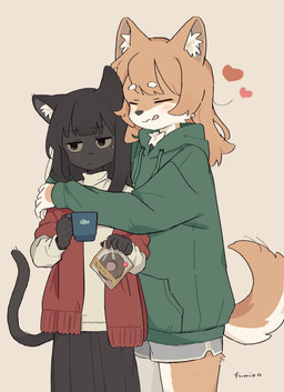anthro black_body black_fur black_hair blush blush_lines bottomwear candy chocolate chocolate_doughnut circle_eyebrows clothing container cup dessert doughnut eyebrows eyes_closed female female/female food fur green_clothing green_hoodie green_topwear hair half-closed_eyes heart_symbol hoodie hug kemono long_hair looking_aside mug narrowed_eyes orange_body orange_fur orange_hair pastry shorts simple_background size_difference skirt sweater tail tail_motion tailwag topwear turtleneck fumiko510 fumiko_(fumiko510) canid canine canis domestic_cat domestic_dog felid feline felis mammal shiba_inu spitz absurd_res hi_res