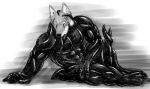 2014 abs anthro biceps black_body black_paws bodily_fluids canid canine canis claw_marks crotch_tentacles drooling goo_transformation latex male mammal monochrome muscular muscular_anthro muscular_male pecs rwolf saliva solo symbiote tentacle_tongue tentacles tongue transformation wolf