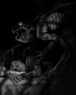 4_arms 5_fingers ambiguous_gender anthro bed claws clothed clothed_human clothing contiguous_snout duo empty_eyes eyebrows eyes_closed finger_claws fingers furniture glowing glowing_eyes hair lying male mouth_closed multi_arm multi_limb on_bed on_front open_mouth pillow side_view sleeping snout teeth twitter_handle christopher_stoll human mammal monster 2023 digital_drawing_(artwork) digital_media_(artwork) greyscale half-length_portrait hi_res monochrome portrait