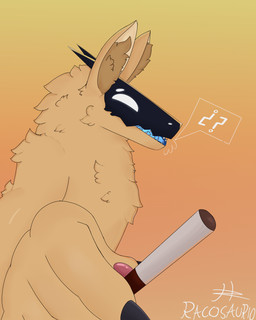 2_horns 5_fingers anthro black_claws blue_tongue cigarette claws fingerpads fingers foreshortening fur gradient_background hand_close-up holding_cigarette holding_object horn inner_ear_fluff machine male no_pupils offering_cigarette offering_to_viewer open_mouth pawpads pink_pawpads question_mark screen screen_face sharp_teeth side_view simple_background solo speech_box tan_body tan_fur teeth text tongue tuft visor white_eyes racosaurio nyx_(nuggettheproto) mantled_beast 4:5 absurd_res artist_name half-length_portrait hi_res portrait signature