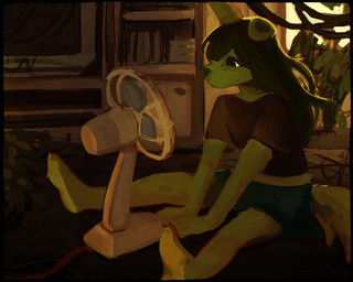 ambiguous_gender anthro barefoot biped bottomwear cable clothing electric_fan fan_(object) feet green_body leaf midriff shelf shirt shorts sitting solo t-shirt topwear eviex_01 canid canine canis domestic_dog mammal 5:4 painting_(artwork)