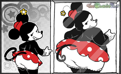 anthro before_and_after big_butt black_body black_nose bloomers bottomwear butt chubby_cheeks clothing dot_eyes eyelashes female flower gloves grin handwear hat headgear headwear logo looking_at_viewer looking_back looking_back_at_viewer mirror narrowed_eyes obese obese_anthro obese_female overweight overweight_anthro overweight_female plant presenting presenting_hindquarters rear_view reference_image_at_source simple_background simple_eyes skirt smile smirk smug solo standing tail weight_loss thecosmicfool disney mickey_mouse_shorts minnie_mouse_weight_loss_redraw minnie_mouse mammal mouse murid murine rodent 2025 alternate_version_at_source artist_logo redraw
