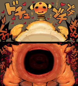 anthro anus balls blush bodily_fluids gaping gaping_anus genitals heart_symbol hyper_gape male onomatopoeia penetration solo sound_effects text syuro nintendo pokemon ampharos buizel generation_2_pokemon generation_4_pokemon pokemon_(species) 2026 colored digital_media_(artwork) hi_res japanese_text