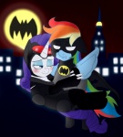 bat_signal bat_symbol blue_body blue_eyes blue_feathers blue_fur blush city duo feathered_wings feathers female female/female fur hair horn multicolored_hair parody purple_hair rainbow_hair smile tail wings blackbewhite2k7 batman_(series) dc_comics friendship_is_magic hasbro my_little_pony mythology batman rainbow_dash_(mlp) rarity_(mlp) equid equine mammal mythological_creature mythological_equine pegasus unicorn crossover hi_res