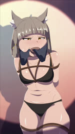 ball_gag bdsm bondage bound bra brown_hair clothing duo female gag hair tape underwear kbart xenoblade_(series) nia_(xenoblade) felid feline humanoid mammal animated hi_res no_sound webm