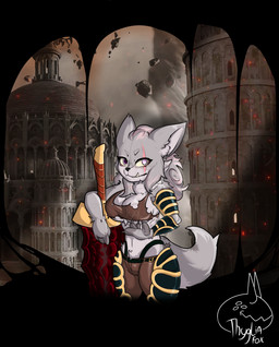 armor big_sword breasts crossgender female female/female fur grey_body grey_fur solo under_boob thyglia_fox elden_ring fromsoftware maliketh_(elden_ring) canid canine canis mammal wolf hi_res