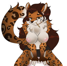 anthro areola breasts brown_hair camel_toe clothing female front_view hair high-angle_view leaning leaning_forward long_hair long_tail looking_at_viewer markings medium_breasts nipples panties presenting presenting_breasts sewing_needle simple_background sitting smile solo spots spotted_markings spotted_tail tail tail_markings underwear oumseven felid leopard mammal pantherine absurd_res hi_res