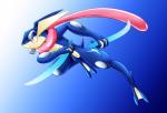 action_pose ambiguous_gender anthro blue_body feet flower gradient_background leg_markings long_tongue markings membrane_(anatomy) plant pose pupils red_eyes rose_(flower) simple_background solo toes tongue webbed_feet white_pupils white_rose e1ectronicchimera nintendo pokemon generation_6_pokemon greninja pokemon_(species) 2015 digital_media_(artwork)