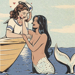 5_fingers black_hair boat breasts brown_hair clothed clothing duo female female/female fin fingers hair hat headgear headwear heart_symbol human_on_humanoid interspecies kiss_mark long_hair navel not_furry partially_submerged sailor sky smile split_form vehicle water watercraft jenifer_prince aquatic fish human humanoid mammal merfolk 1:1 2021 digital_media_(artwork)