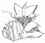 ambiguous_gender anthro food fruit melon plant simple_background solo text watermelon white_background matsu nintendo pokemon felid generation_7_pokemon legendary_pokemon mammal pokemon_(species) zeraora english_text greyscale low_res monochrome