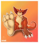 3_toes 4_fingers absurd_res anthro balls belly big_ears border brown_hands brown_paws chua feet fingers flaccid foot_focus fur genitals gusho hair hi_res humanoid_genitalia humanoid_penis male mohawk nude orange_body orange_eyes orange_fur orange_hair penis presenting showing_feet shyder signature soles solo tail tan_body tan_fur toes white_border wildstar