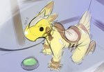 animal_costume anthro bdsm biped bowl chocobo_costume clothed clothing collar container food_bowl glistening leash pet_bowl saddle simple_background solo sexotheque final_fantasy square_enix avian chocobo 2022 digital_media_(artwork) guide_lines