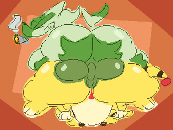 anthro anus balls big_balls big_butt big_ears big_penis bodily_fluids bubble_butt bunny_costume butt clothing costume cum cum_inflation cum_inside drugs duo erection female female_penetrated freckles fur genital_fluids genitals green_body green_fur hair huge_balls huge_butt huge_penis humanoid_genitalia hyper hyper_genitalia hyper_penis inflation male male/female male_penetrating male_penetrating_female marijuana nude penetration penile penis sex simple_background smoking smoking_joint tail text toony toony_expression vulva yellow_body thadeef3 nintendo pokemon bunoo_(thadeef3) ampharos felid feline generation_2_pokemon generation_9_pokemon mammal pokemon_(species) sprigatito 4:3 animated digital_media_(artwork) frame_by_frame restricted_palette