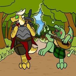 anthro armor bottomwear clothed clothing day duo front_view grass green_eyes horn kilt lute male melee_weapon music musical_instrument musical_note musical_symbol open_mouth outside path pattern_clothing plaid plaid_clothing plant plucked_string_instrument shrub sky smile standing string_instrument sword symbol tartan_bottomwear tree videogame_setting walking weapon trout_(artist) gamta sir_squiggles kobold reptile scalie 1:1 2016 aliasing digital_media_(artwork)