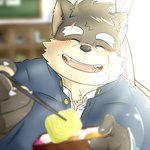 anthro blush chopsticks egg eyebrows eyes_closed feeding feeding_viewer fur grey_body grey_fur male scar smile solo thick_eyebrows samonaa2 lifewonders tokyo_afterschool_summoners moritaka_(tas) canid canine canis domestic_dog mammal 1:1 absurd_res hi_res