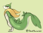 anthro green_background green_body hands_behind_back leaf leaves_on_body male multicolored_body red_eyes simple_background smile smiling_at_viewer smirk smirking_at_viewer solo standing tail tan_body thick_tail yellow_body daviddarient203 nintendo pokemon generation_5_pokemon pokemon_(species) servine 2024 hi_res spanish_description watermark