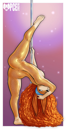 anthro barbell_piercing biped butt female female_anthro flexible freckled_back freckled_butt freckled_face freckled_hips freckled_legs freckled_shoulders freckled_thighs freckles hair long_hair looking_at_viewer looking_back looking_back_at_viewer nude nude_anthro nude_female one_leg_up piercing plantigrade pole pose raised_leg rear_view red_hair solo speckle_freckles splits spread_legs spreading standing stripper_pole tailless text vertical_splits pce 2025 absurd_res artist_name dated digital_drawing_(artwork) digital_media_(artwork) full-length_portrait hi_res portrait shaded soft_shading warm_colors