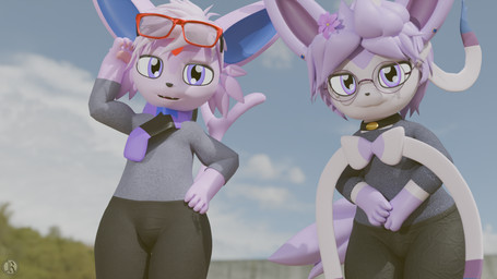 accessory anthro bottomwear choker clothed clothing duo eye_contact eyewear femboy flower flower_in_hair glasses hair hair_accessory jewelry light looking_at_another male necklace pants plant simple_background sunlight tail sawert nintendo pokemon matthew_(sawert) oliver_(sawert) eeveelution espeon generation_2_pokemon generation_6_pokemon mammal pokemon_(species) sylveon 16:9 2026 3d_(artwork) digital_media_(artwork) hi_res widescreen