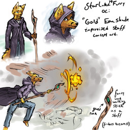 anthro bottomwear casting_spell cloak clothing denim denim_bottomwear denim_clothing fire fireball fur green_eyes hood jeans magic_user male motion_lines pants shirt solo staff t-shirt topwear yellow_body yellow_fur starlithe gold_evan_shade_(starlithe) canid canine fox mammal