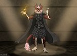 anthro armor black_clothing brown_body clothing fire fur hair horn magic male pink_hair simple_background solo yellow_eyes blen4k mythology dragon eastern_dragon mythological_creature mythological_scalie scalie 2022 hi_res