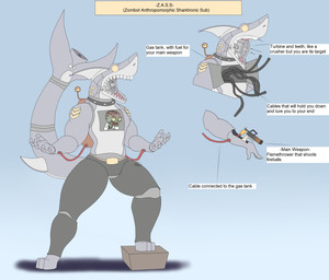 anthro cable description flamethrower gas_tank machine male ranged_weapon simple_background solo text turbine weapon photolol.03 electronic_arts plants_vs._zombies popcap_games sharktronic_sub_(character) aquatic fish robot shark english_text hi_res model_sheet