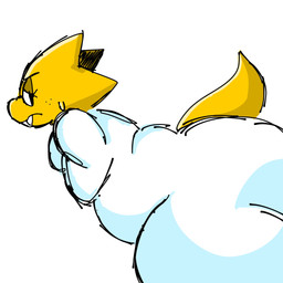 anthro back_rolls belly big_butt bodily_fluids breasts buckteeth butt clothed clothing coat eyewear female freckled_face freckles frown glasses huge_butt huge_thighs lab_coat lidded_eyes looking_back narrowed_eyes non-mammal_breasts overweight overweight_anthro overweight_female side_view simple_background solo sweat sweatdrop tail teeth thick_thighs topwear white_background yellow_body cococram undertale_(series) alphys reptile scalie 1:1 2026 alternate_version_at_source digital_media_(artwork) hi_res sketch